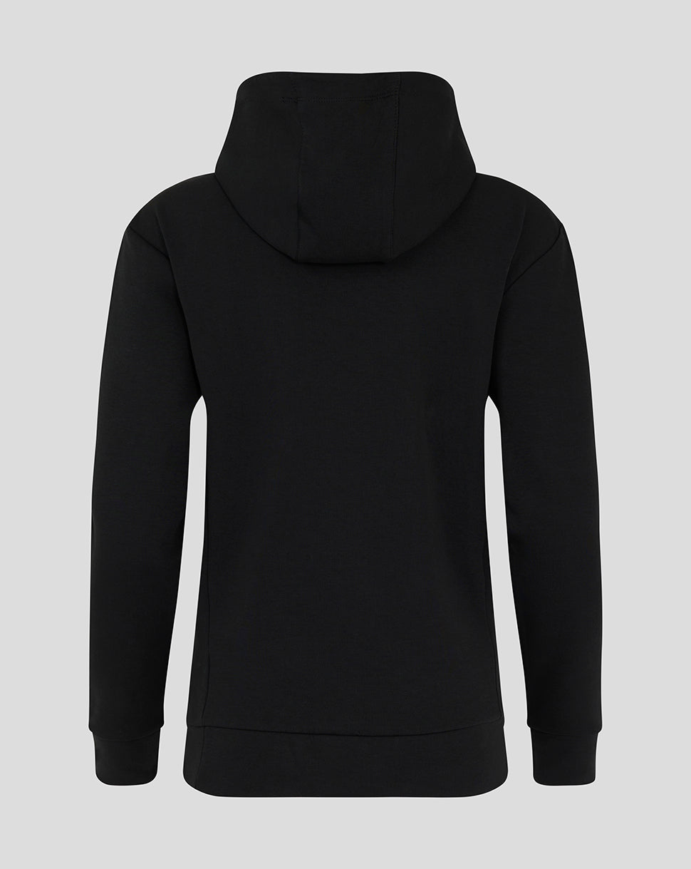 Back view of black Mk Dons women's travel hoodie with hood and clean back panel.