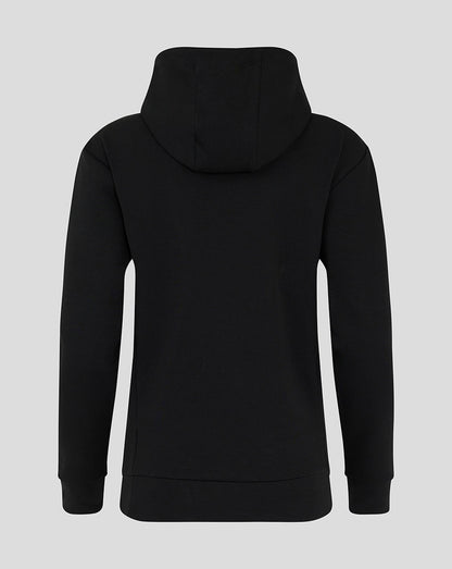 Back view of black Mk Dons women's travel hoodie with hood and clean back panel.