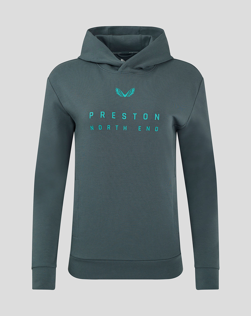 Front view of teal Preston North End travel hoodie with cyan chest logo