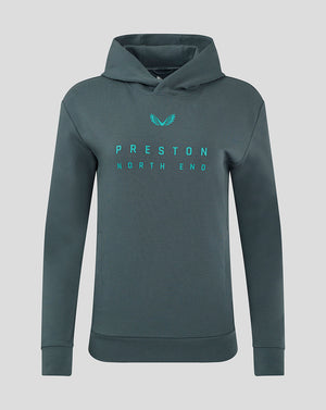Front view of teal Preston North End travel hoodie with cyan chest logo