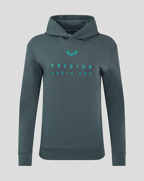 Front view of teal Preston North End travel hoodie with cyan chest logo