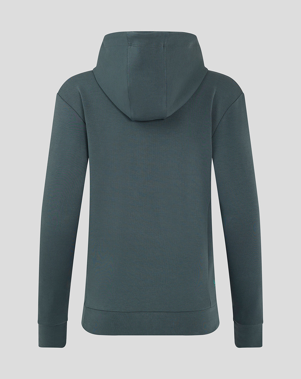 Back view of women's Preston NE travel logo hoody in teal showing the hood and clean seam lines.