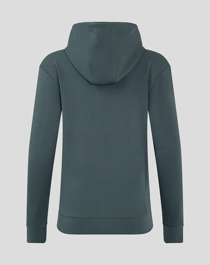 Back view of women's Preston NE travel logo hoody in teal showing the hood and clean seam lines.