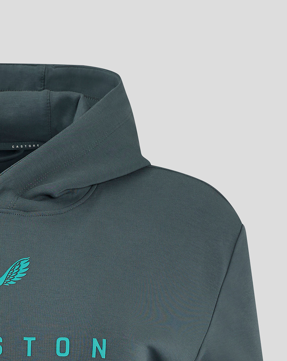 Close-up of the Preston NE travel logo hoody neck area with Castore label visible inside the hood.