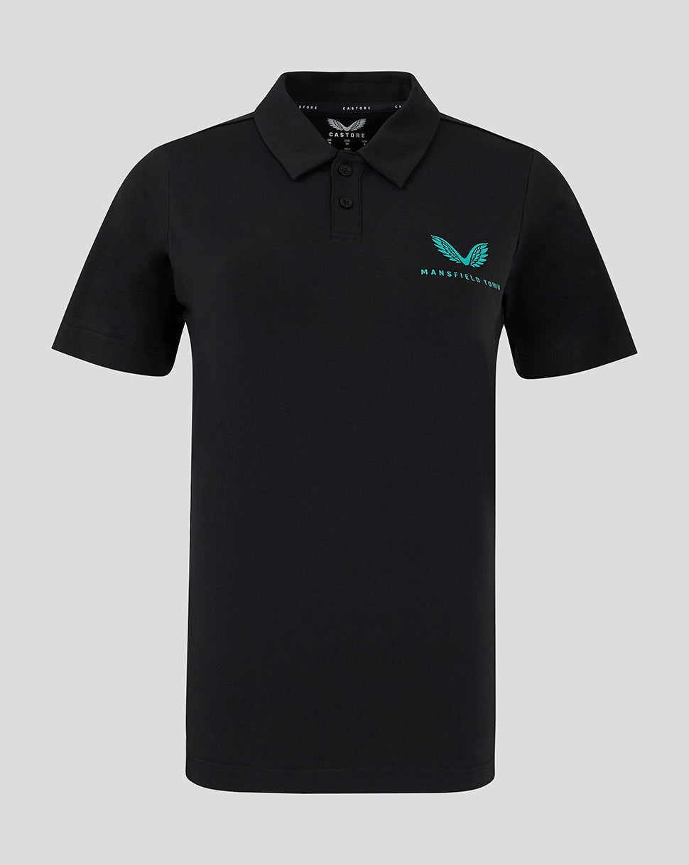 Front view of black Mansfield Women's Travel Polo with teal wing logo on left chest
