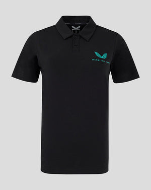 Front view of black Mansfield Women's Travel Polo with teal wing logo on left chest