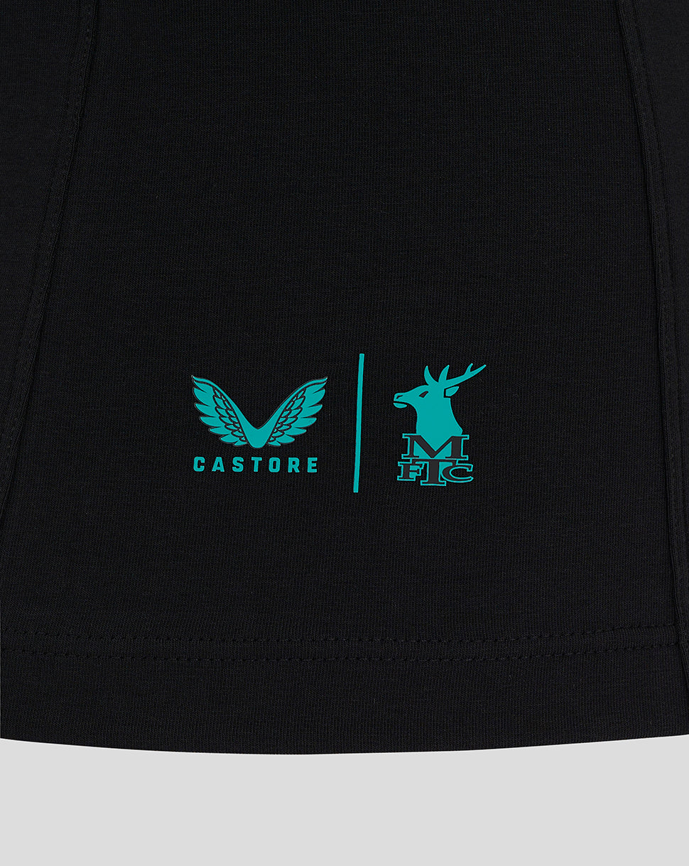 Black Mansfield Travel Polo hem with teal Castore wings logo and teal moose emblem.