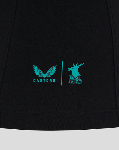 Black Mansfield Travel Polo hem with teal Castore wings logo and teal moose emblem.