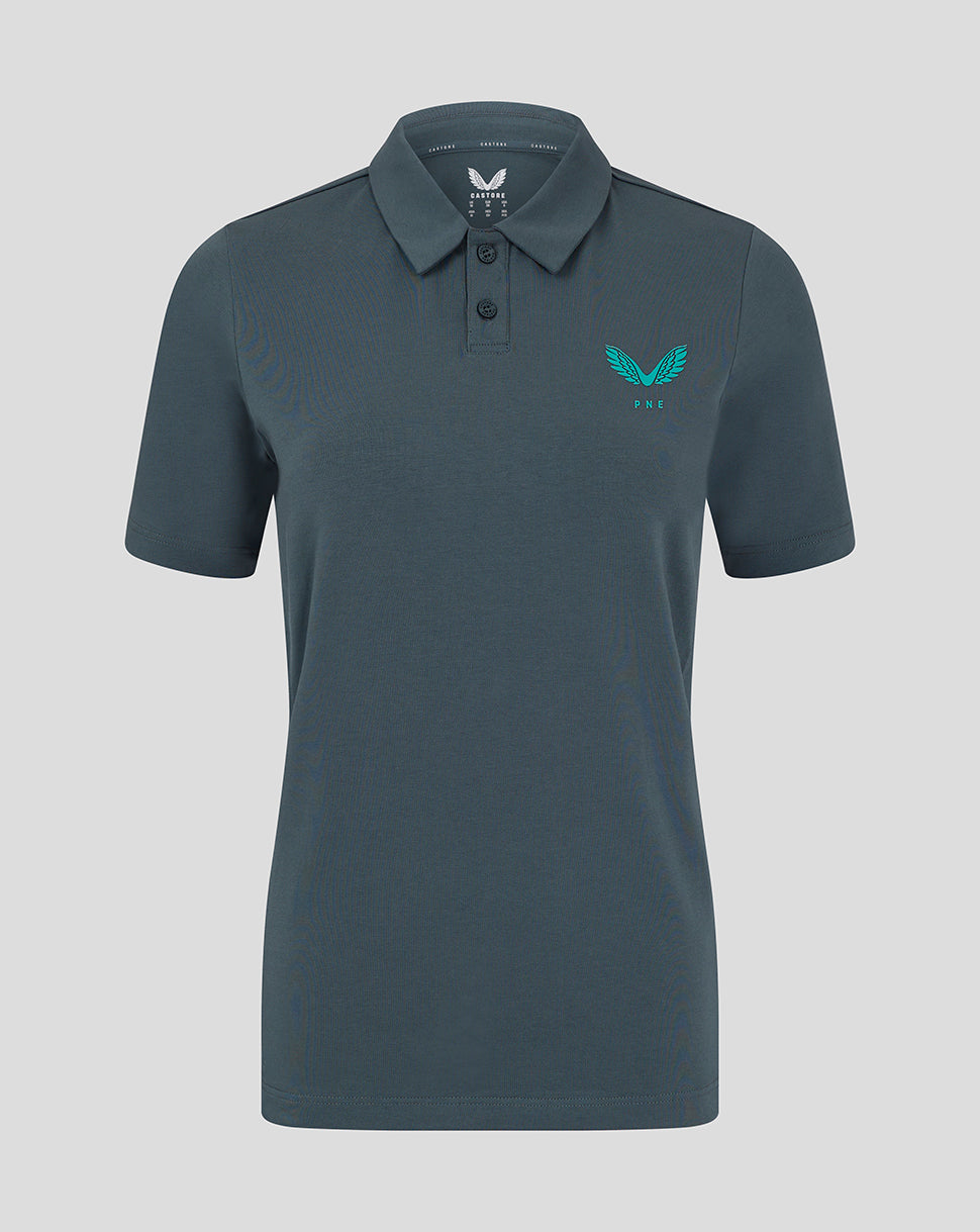 Front view of Preston North End women's travel polo in teal with turquoise crest on the left chest and a two-button placket