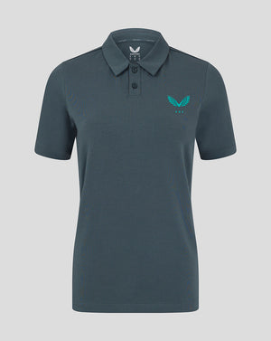 Front view of Preston North End women's travel polo in teal with turquoise crest on the left chest and a two-button placket