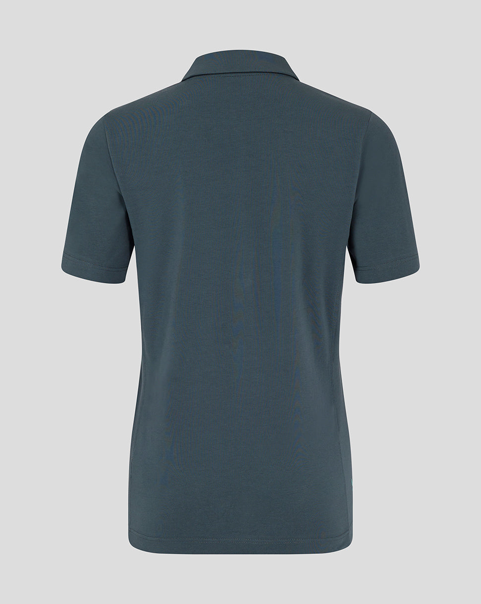 Back view of women's Preston NE Travel Polo in teal with short sleeves and polo silhouette.