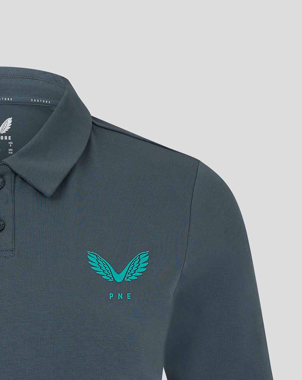 Teal Preston North End crest on the polo left chest in close up