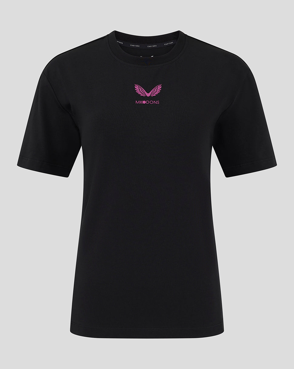 Black Mk Dons women's 24/25 travel T-shirt with pink chest logo