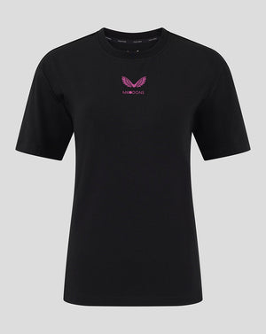 Black Mk Dons women's 24/25 travel T-shirt with pink chest logo