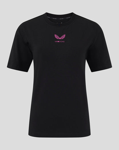 Black Mk Dons women's 24/25 travel T-shirt with pink chest logo
