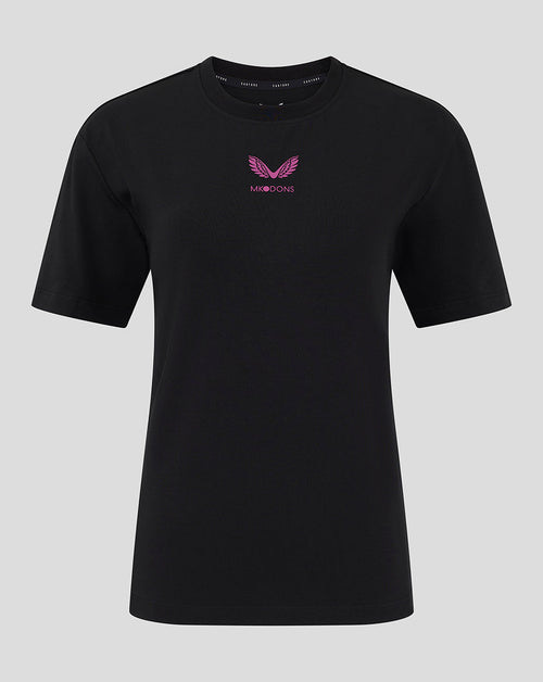 Black Mk Dons women's 24/25 travel T-shirt with pink chest logo