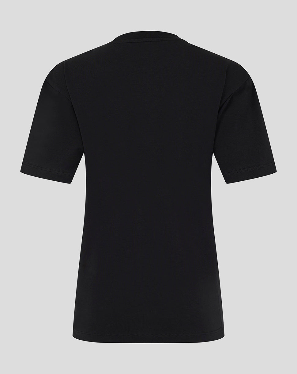 Back view of black Mk Dons women's 24/25 travel T-shirt
