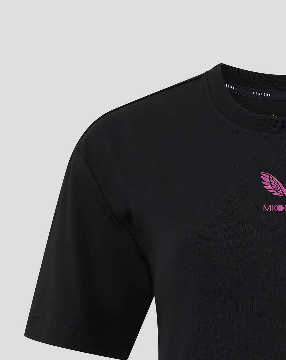 Black Mk Dons travel T shirt left chest area with pink winged logo