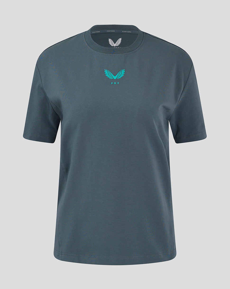 Front view of women's Preston NE Travel Short Sleeve T Shirt in teal with turquoise PNE logo at center chest.