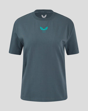 Front view of women's Preston NE Travel Short Sleeve T Shirt in teal with turquoise PNE logo at center chest.