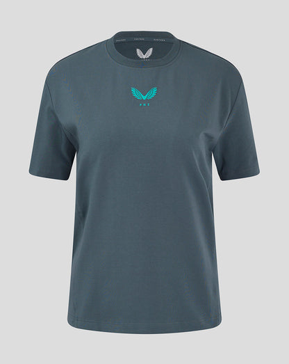 Front view of women's Preston NE Travel Short Sleeve T Shirt in teal with turquoise PNE logo at center chest.