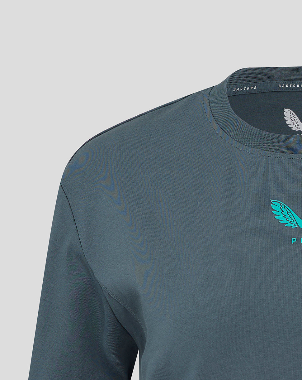 Close up of Preston NE Travel T Shirt in teal with turquoise wing logo on the chest and a ribbed crew neckline