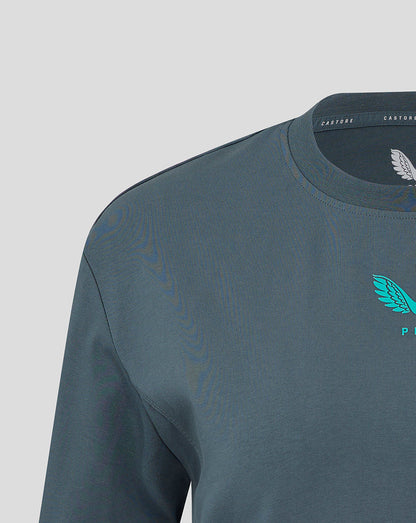 Close up of Preston NE Travel T Shirt in teal with turquoise wing logo on the chest and a ribbed crew neckline