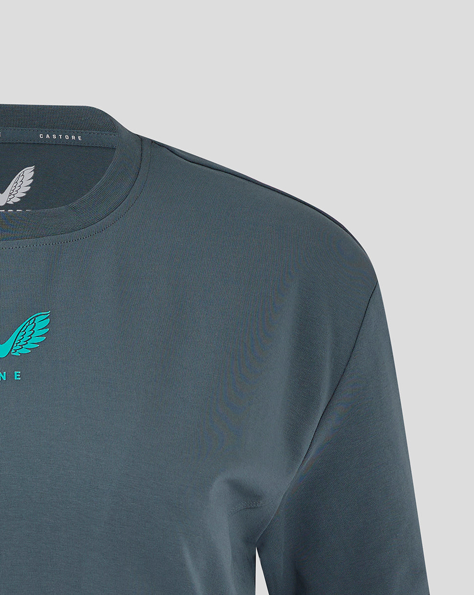 Shoulder and chest view of Preston NE Travel T Shirt with turquoise wing logo on the left chest
