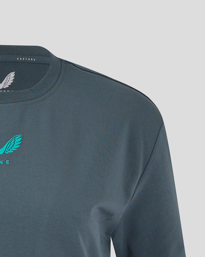 Shoulder and chest view of Preston NE Travel T Shirt with turquoise wing logo on the left chest