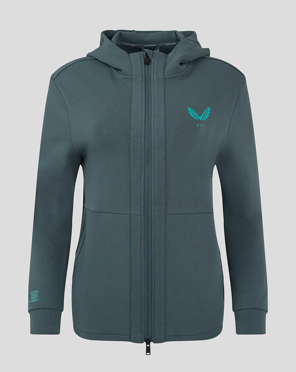 Front view of Preston Women's 24/25 Hooded Travel Jacket in teal with zip front and teal logo on the left chest