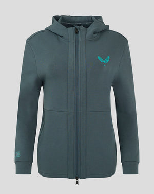 Front view of Preston Women's 24/25 Hooded Travel Jacket in teal with zip front and teal logo on the left chest