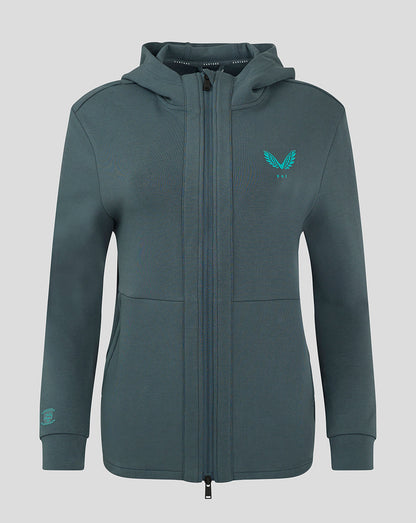 Front view of Preston Women's 24/25 Hooded Travel Jacket in teal with zip front and teal logo on the left chest