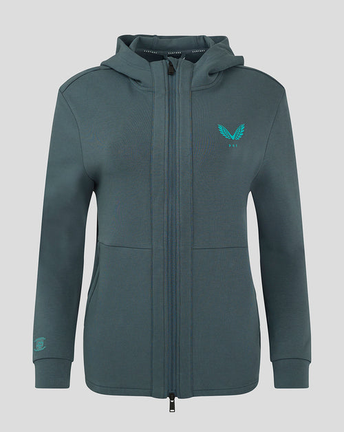 Front view of Preston Women's 24/25 Hooded Travel Jacket in teal with zip front and teal logo on the left chest