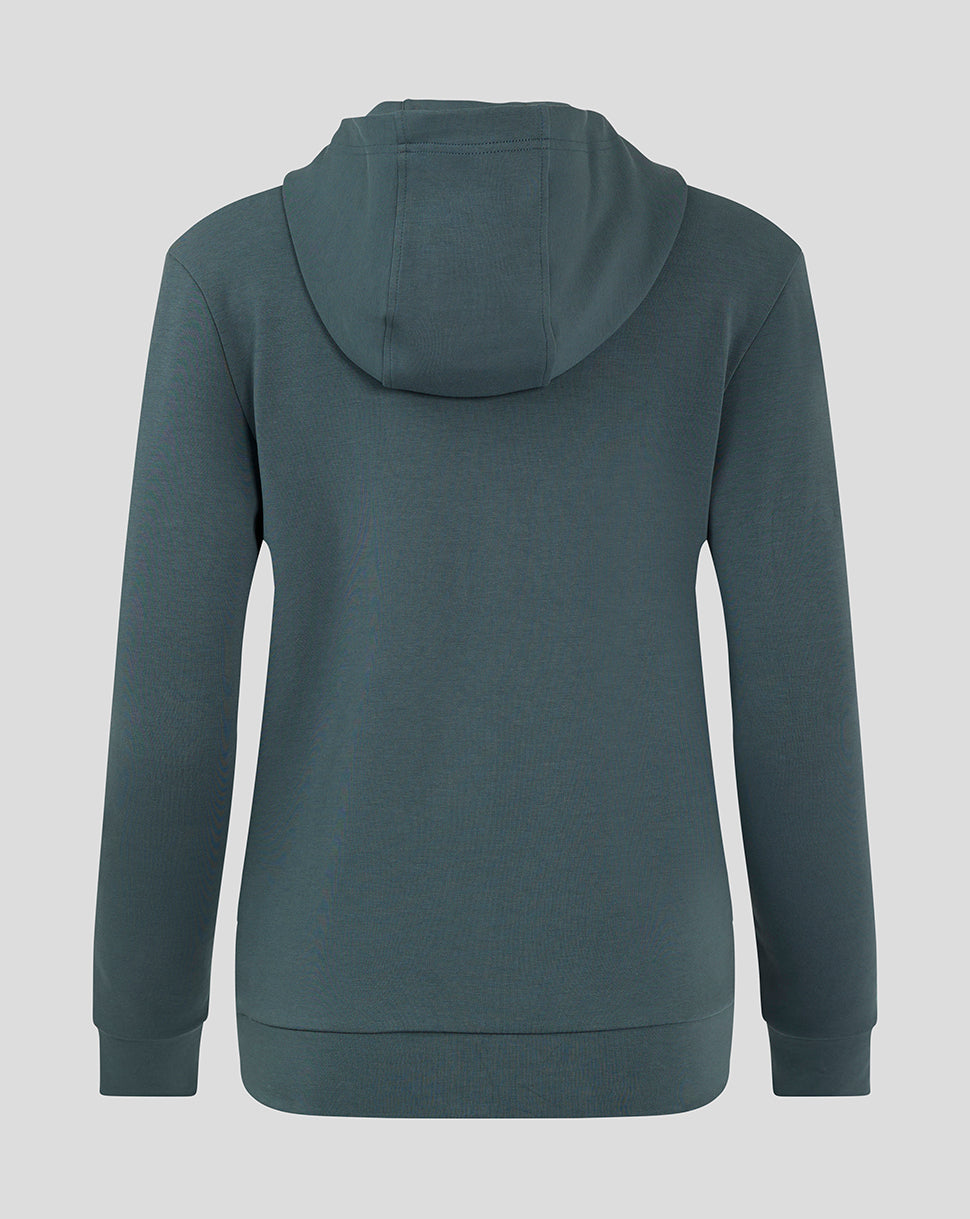 Back view of teal Preston Womens 24/25 Hooded Travel Jacket with attached hood and ribbed hem.