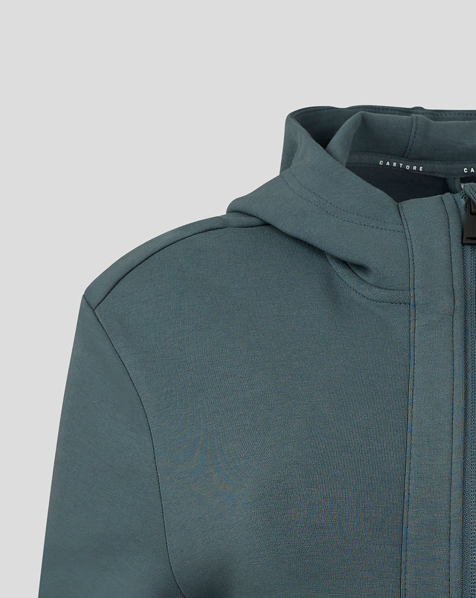 Close up of shoulder and collar area on Preston Womens hooded travel jacket highlighting the hood seam and zip guard.