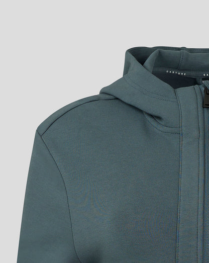 Close up of shoulder and collar area on Preston Womens hooded travel jacket highlighting the hood seam and zip guard.