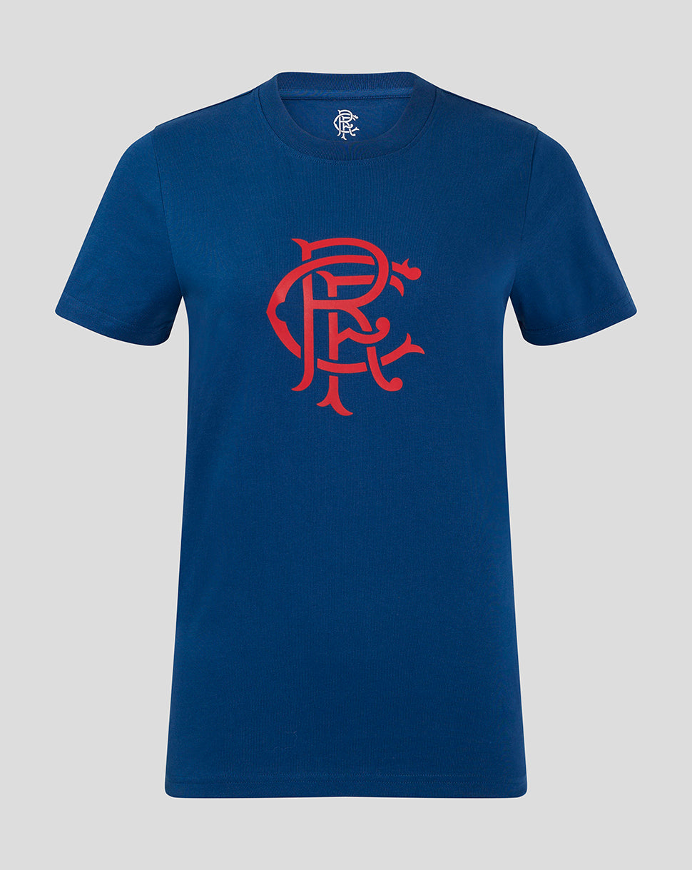 Front view of navy Rangers Women's Core Fan Crest Top with a large red crest print on the chest.