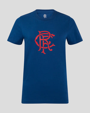 Front view of navy Rangers Women's Core Fan Crest Top with a large red crest print on the chest.