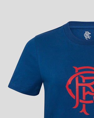 Close-up of navy Rangers Women's Core Fan Crest Top showing the small white club crest at the back neck and ribbed neckline.