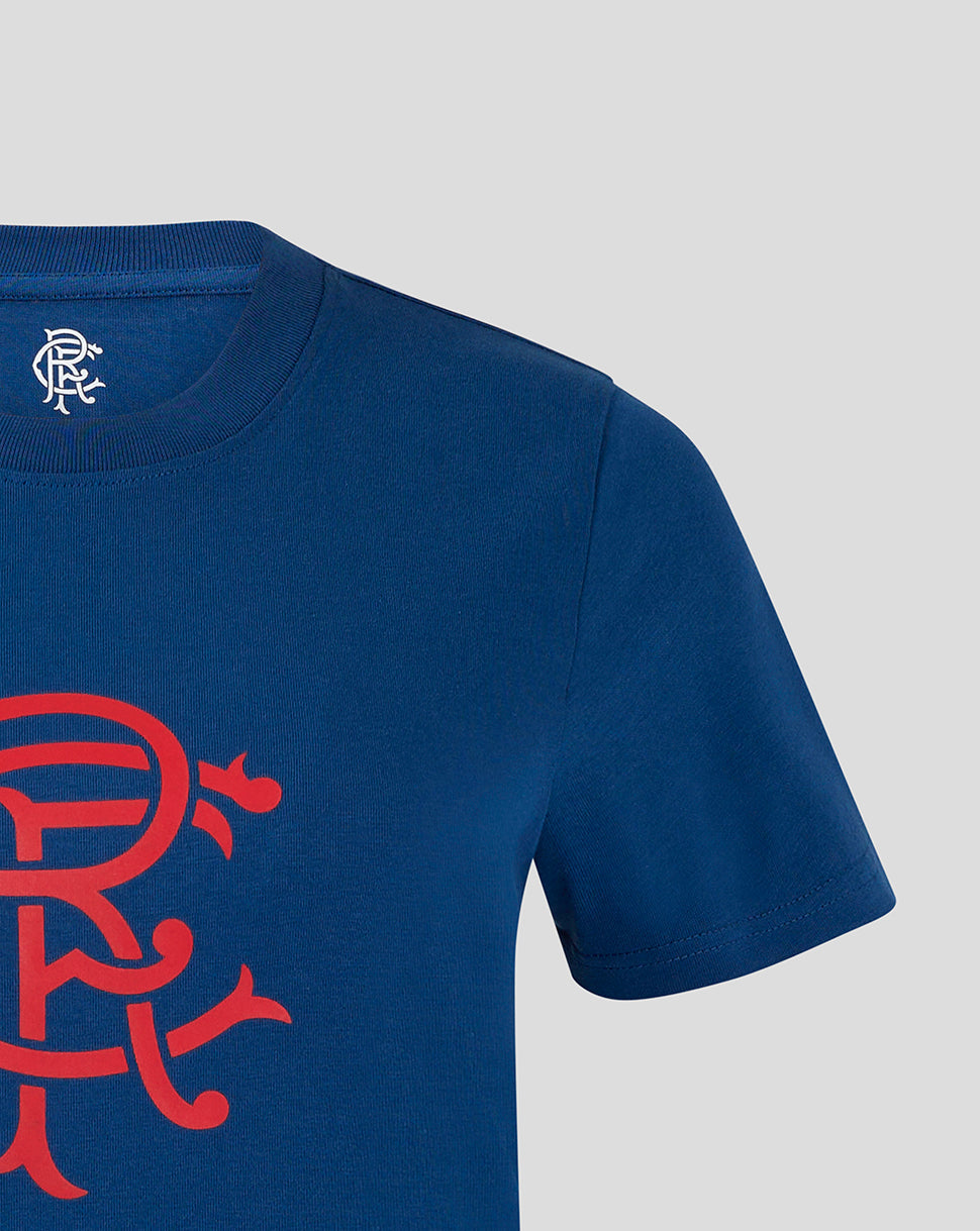 Detail of shoulder and sleeve on navy Rangers Women's Core Fan Crest Top with part of the red crest visible.