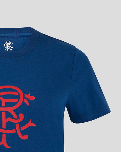 Detail of shoulder and sleeve on navy Rangers Women's Core Fan Crest Top with part of the red crest visible.