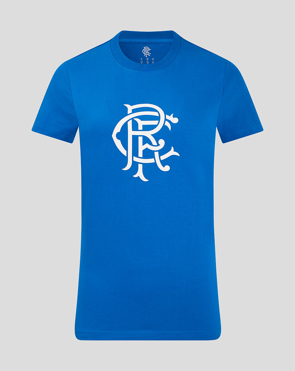 Front view of blue Rangers Women's Core Fan Crest Top with large white crest centered on chest