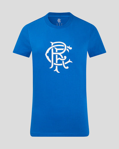Front view of blue Rangers Women's Core Fan Crest Top with large white crest centered on chest