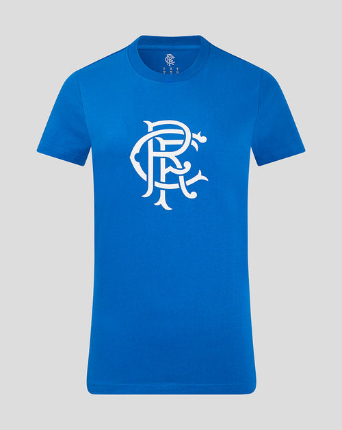 Front view of blue Rangers Women's Core Fan Crest Top with large white crest centered on chest