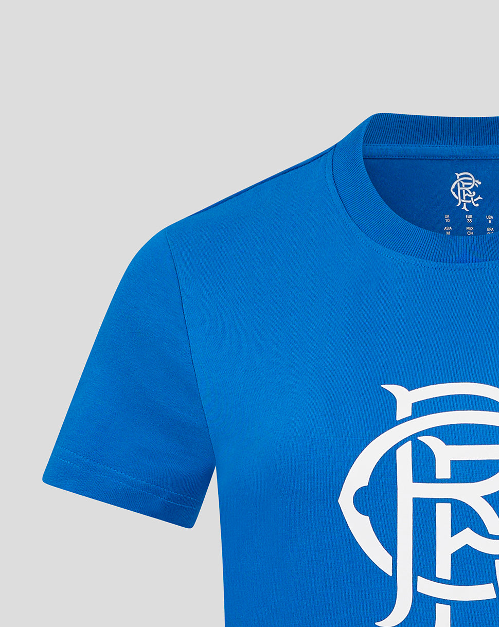 Close-up of neckline and shoulder on blue Rangers Women's Core Crest Top with the white crest visible on the chest