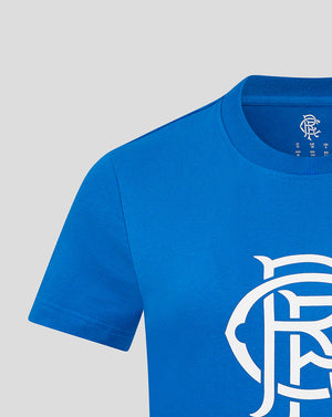Close-up of neckline and shoulder on blue Rangers Women's Core Crest Top with the white crest visible on the chest
