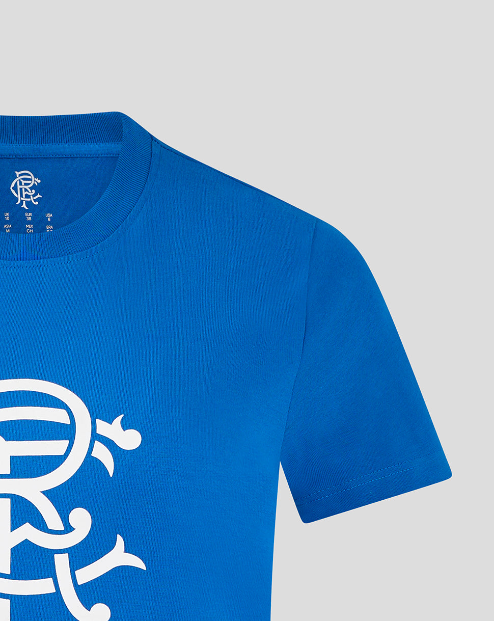 Blue Rangers Women's Core Crest Top close up showing ribbed crew neck and central white crest print.