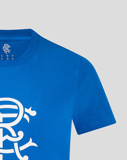 Blue Rangers Women's Core Crest Top close up showing ribbed crew neck and central white crest print.