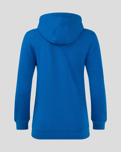 Back view of blue Rangers Women's Core Hoodie featuring a large white crest graphic