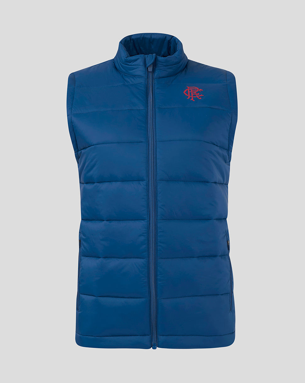Front view of navy Rangers Women Core Fan Gilet with funnel neck and full length zip and crest on chest.